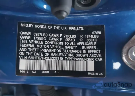 2020 Honda Civic Sport from USA, damaged, VIN SHHFK7H42LU226310